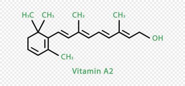 A2 vitamini kimyasal formülü. Şeffaf arkaplanda izole edilmiş A2 vitamini yapısal kimyasal formül.