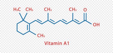A1 vitamini kimyasal formülü. Şeffaf arkaplanda izole edilmiş A1 vitamini yapısal kimyasal formül.