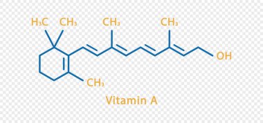 A vitamini kimyasal formülü. A vitamini, şeffaf arkaplanda izole edilmiş kimyasal formül..