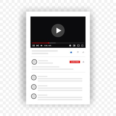 Video oynatıcı mobil uygulama. Popüler uygulama arayüzü elemanlarına sahip video oynatıcı. Mobil uygulamalar için sosyal medya arayüzü tasarımı