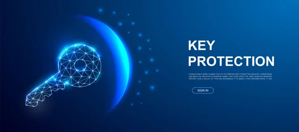 3d blue Key polygonal symbol for landing page template. Low poly Key illustration for promo banner, advertising page design. Security design illustration concept. — Wektor stockowy