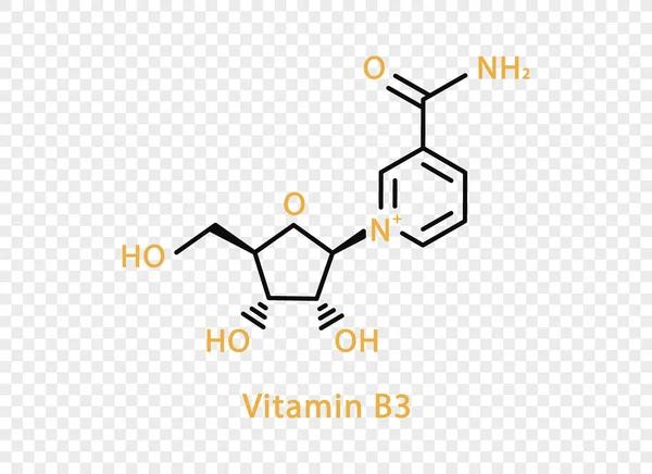 Fórmula química de vitamina B3. Fórmula química estructural de la vitamina B3 aislada sobre fondo transparente. — Archivo Imágenes Vectoriales