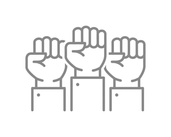 Three raised fists line icon. Unity, teamwork symbol — 스톡 벡터