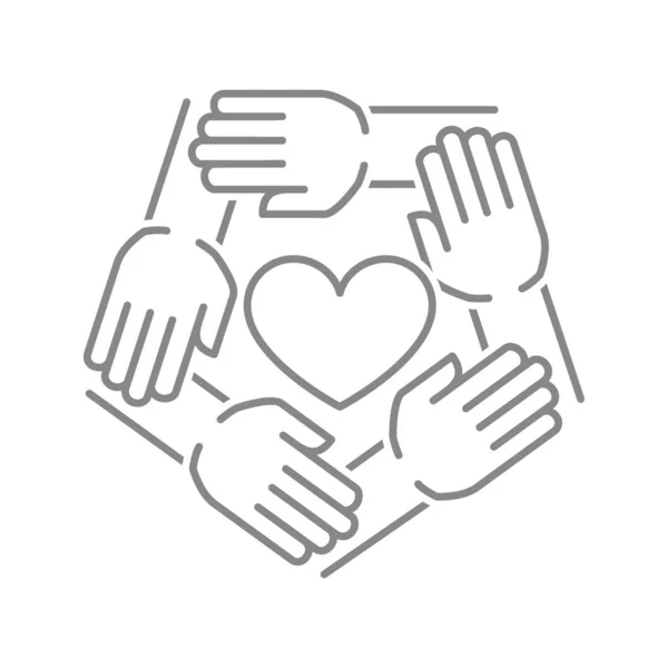 Heart with hands circle line icon. Donation, solidarity, support symbol — Vector de stock