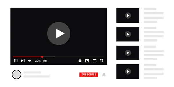 Video player with website design elements. Multimedia player template for channel wireframe. — Stock Vector