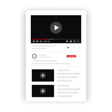 Video oynatıcı uygulama modelleme şablonu. Uygulama arayüzü için popüler video oynatıcı ögeleri. Mobil uygulamalar için sosyal medya arayüzü tasarımı.