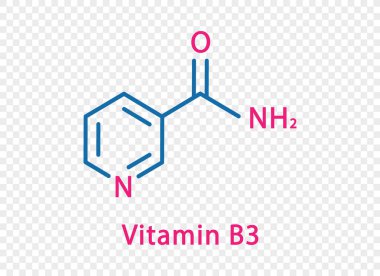 B3 vitamini kimyasal formülü. Şeffaf arkaplanda izole edilmiş B3 vitamini yapısal kimyasal formül.