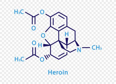 Eroin kimyasal formülü. Eroin yapısal kimyasal formülü şeffaf arkaplanda izole edildi.