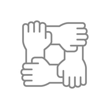 Takım çalışması ikonu. Dört el, birliktelik, birlik sembolü.