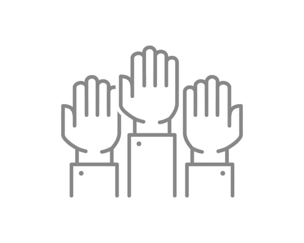 Three raised hands line icon. Cooperation, teamwork symbol — Stockvector