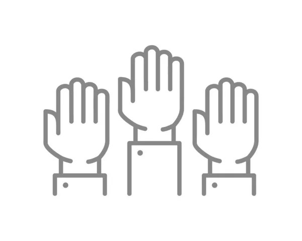 Three raised hands line icon. Solidarity, unity, teamwork symbol — Stock Vector