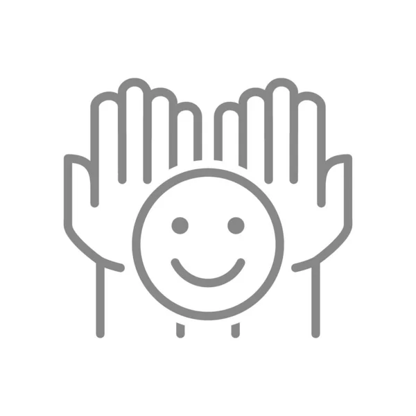 Hands holds happy face line icon. Share a good mood, emotions of satisfaction symbol —  Vetores de Stock