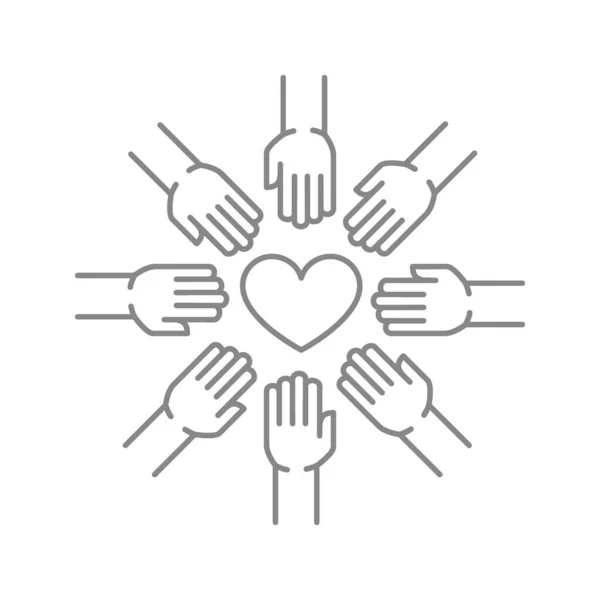 Hands circle and heart line icon. Team work, charity organization, donation symbol — Stockový vektor