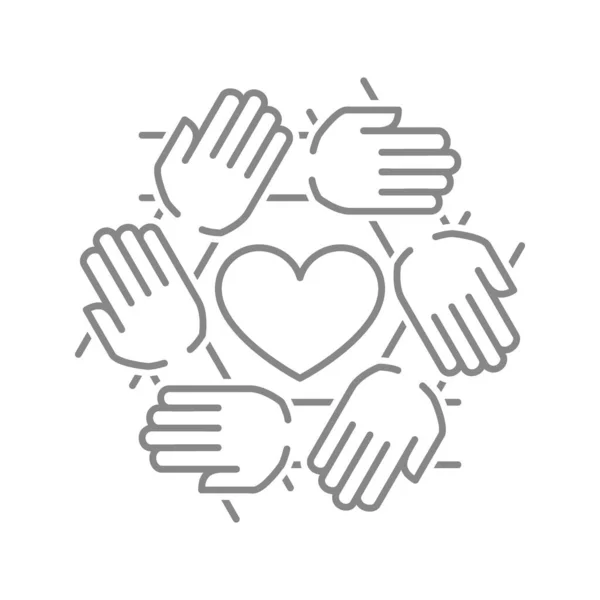 Corazón con círculo de manos icono de línea. Donación, solidaridad, símbolo de unidad — Vector de stock