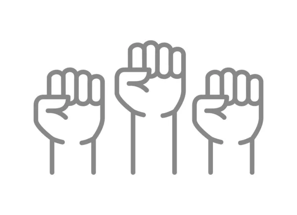 Three raised fists line icon. Teamwork, cooperation, togetherness symbol — Stockvektor