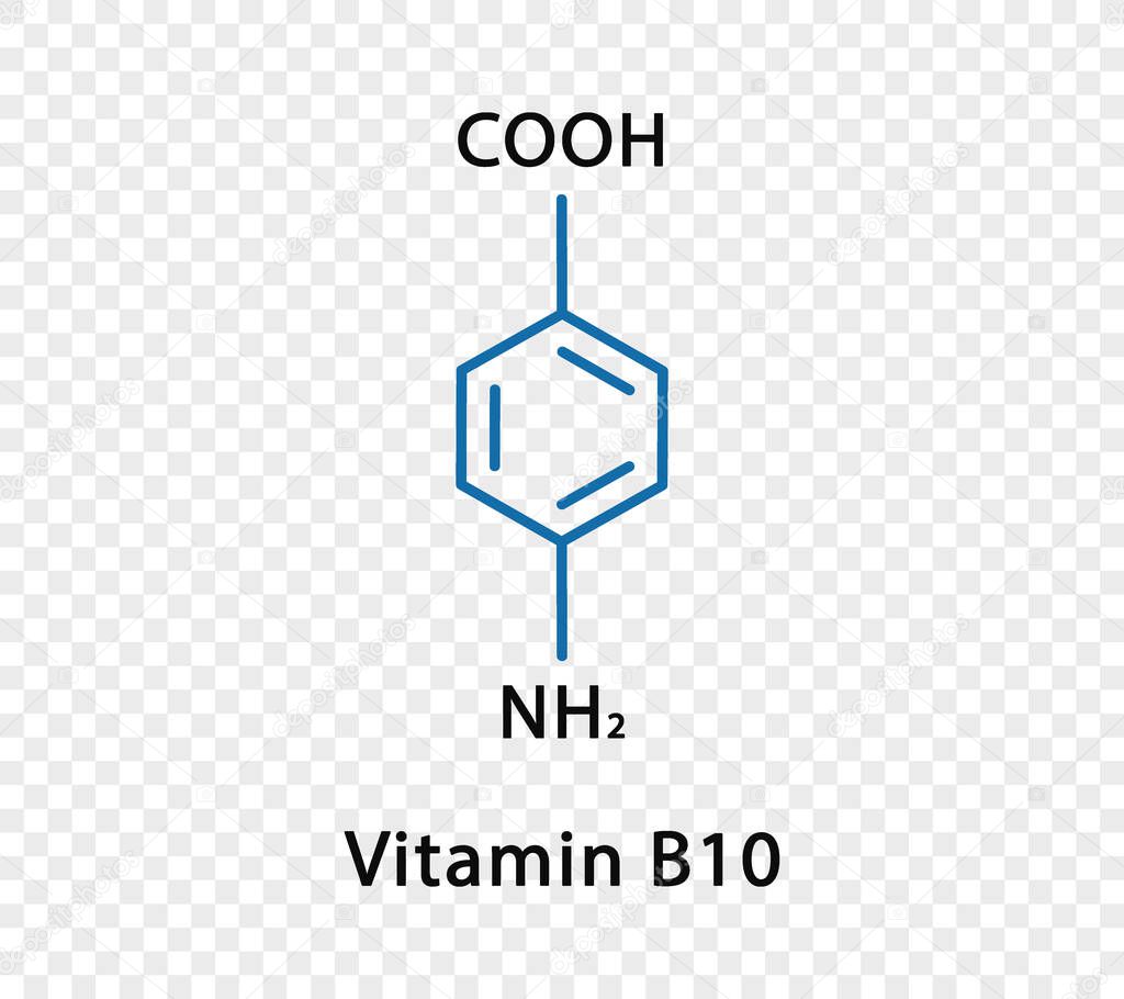 Vitamin B10 chemical formula. Vitamin B10 structural chemical formula isolated on transparent background.