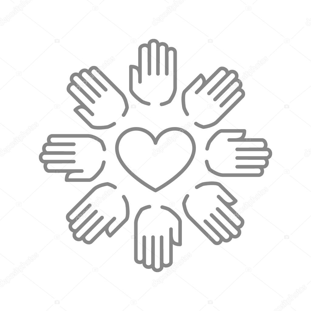 Hands circle with heart line icon. Charity organization, donation, team work symbol