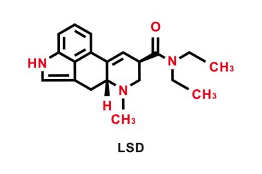 LSD kimyasal formülü. LSD kimyasal moleküler yapısı. Vektör illüstrasyonu