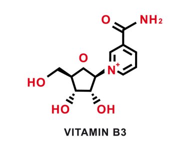 B3 vitamini kimyasal formülü. B3 vitamini kimyasal moleküler yapısı. Vektör illüstrasyonu