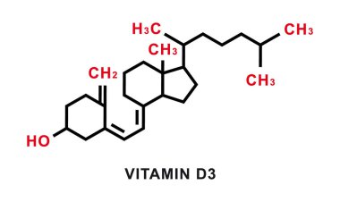D3 vitamini kimyasal formülü. D3 vitamini kimyasal moleküler yapısı. Vektör illüstrasyonu