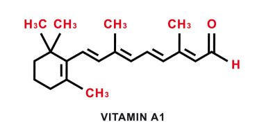 A1 vitamini kimyasal formülü. A1 vitamini kimyasal moleküler yapısı. Vektör illüstrasyonu