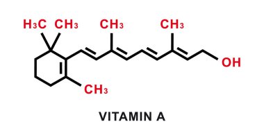 A vitamini kimyasal formülü. A vitamini moleküler yapısı. Vektör illüstrasyonu