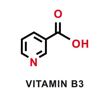 B3 vitamini kimyasal formülü. B3 vitamini kimyasal moleküler yapısı. Vektör illüstrasyonu