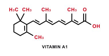 A1 vitamini kimyasal formülü. A1 vitamini kimyasal moleküler yapısı. Vektör illüstrasyonu