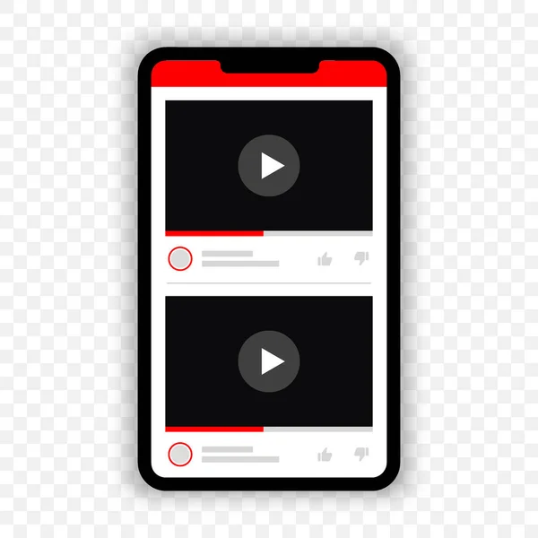 Smartphone with video player elements for popular app interface. Multimedia player application elements for mobile application. — Vetor de Stock