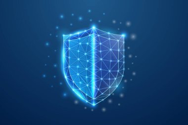 Mavi düşük polimerli 3D sembolü. Koruyucu, antivirüs tasarımı konsept vektör çizimi. Siber güvenlik çokgen kablo çerçevesi.