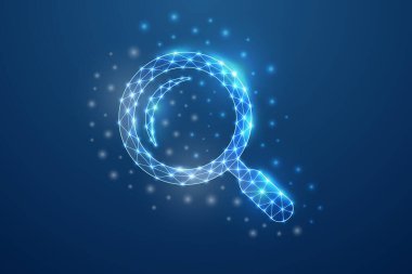 Mavi düşük polimerli büyüteç 3D sembol. Analiz, arama aracı tasarım konsepti çizimi. Çokgen kablo çerçevesini yükselt.