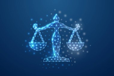 Scales 3d symbol in blue low poly style. Justice, law design concept vector illustration. Balance polygonal wireframe.