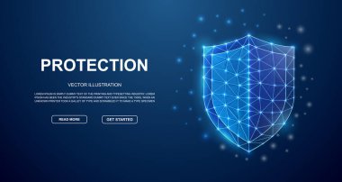 Shield 3d low poly symbol with connected dots for blue landing page. Antivirus design illustration concept. Polygonal Cyber security illustration