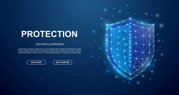 Shield 3d low poly symbol with connected dots for blue landing page. Antivirus design illustration concept. Polygonal Cyber security illustration — Vetor de Stock