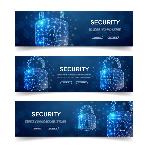 Set of three Lock horizontal banners. Horizontal illustration for homepage design, promo banner. Cyber security low poly symbols with connected dots — Vetor de Stock