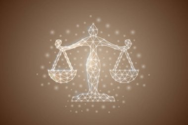 Beyaz noktalı düşük poli sembolü ölçeklendirir. Üç boyutlu geometrik çokgen denge. Adalet ve yasa tasarımı vektör illüstrasyonu.