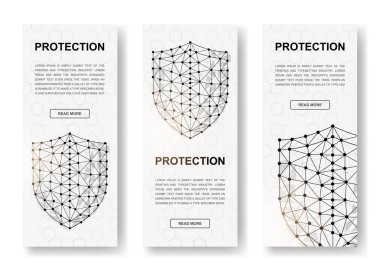 Üç Kalkan çokgen dikey pankart seti. 3D Siber Güvenlik düşük poli sembolleri ve birbirine bağlı noktalar. Ana sayfa tasarımı için dikey illüstrasyon.