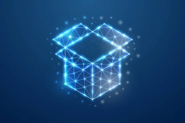 Boîte ouverte symbole 3d dans le style bleu low poly. Livraison, colis, concept de conception de fret illustration vectorielle. Coffret cadeau polygonal wireframe. — Image vectorielle