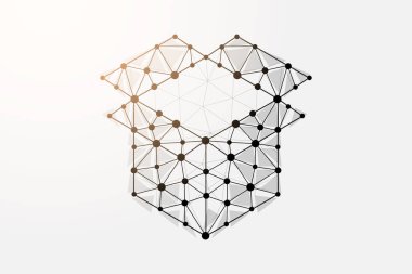 Bağlı noktaları olan 3D düşük poli sembolünü aç. Teslimat, paket, kargo tasarımı vektör çizimi. Giftbox çokgen kablo çerçevesi