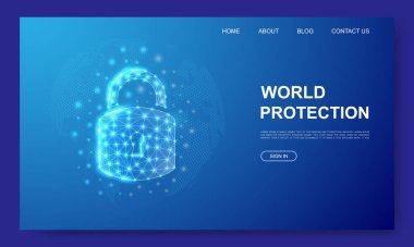 3d düşük polimerli web sitesi şablonunu kilitle. Antivirüs tasarım illüstrasyonu. İniş sayfası için çokgen Siber Güvenlik sembolü, reklam sayfası.