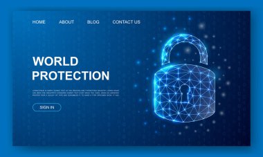 3d çokgen web sitesi şablonunu kilitle. Antivirüs tasarım illüstrasyonu. Anasayfanın düşük polyester güvenlik sembolü, tanıtım pankartı tasarımı.
