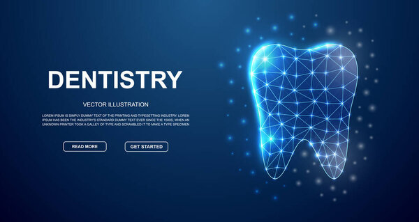 Зуб 3d символ низкого полюса с соединенными точками для синей посадочной страницы. Стоматология, концепция стоматологического дизайна. Полигональная стоматологическая иллюстрация