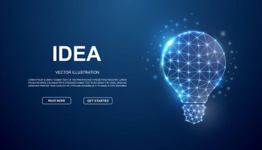 Ampul 3d düşük poli sembolü mavi iniş sayfası şablonu için birbirine bağlı. Fikir, ilham tasarımı illüstrasyon konsepti. Ana sayfa tasarımı için çokgen İnovasyon illüstrasyonu, reklam sayfası