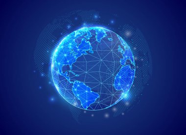 Dünya gezegeni 3D alçak polyester sembolü ve mavi dünya haritası arka planı. Uzay konsepti tasarım vektör çizimi. İniş sayfası ve reklam sayfası için birbirine bağlı noktalarla dünya haritası çokgen sembolü.