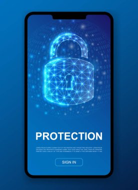 UI, UX tasarım şablonu için 3d çokgen sembolü kilitle. Mobil anasayfası, telefon tanıtım pankartı, reklam sayfası tasarımı için düşük poli antivirüs çizimi. Siber güvenlik illüstrasyon kavramı.