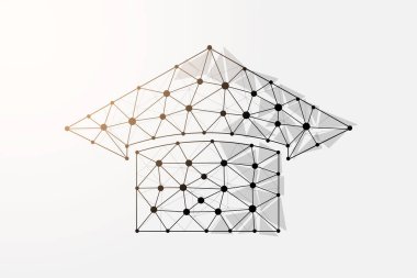 Mezuniyet şapkası 3d düşük poli sembolü ve birbirine bağlı noktalar. E-öğrenme, çevrimiçi tasarım vektör çizimi. Beyaz arkaplanda izole edilmiş çokgen eğitim kursu.