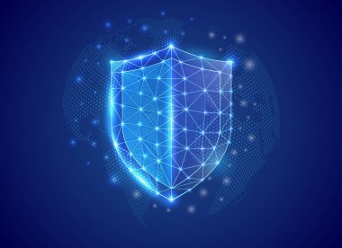 Mavi dünya haritası arka planına sahip 3d düşük poli sembolü. Antivirüs tasarım vektör çizimi. İniş sayfası ve reklam sayfası için birbirine bağlı noktalarla siber güvenlik çokgeni.