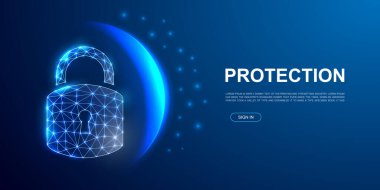 İniş sayfası için 3d çokgen sembolü kilitle, web sitesi şablonu. Anasayfası, tanıtım pankartı, reklam sayfası tasarımı için düşük miktarda siber güvenlik illüstrasyonu. Antivirüs tasarım illüstrasyonu.