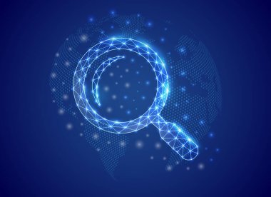 Büyüteç, mavi dünya haritası arka planına sahip düşük polimerli sembol. Analiz aracı tasarım vektör çizimi. İniş sayfası ve reklam sayfası için bağlantı noktaları olan çokgen sembolü yüksek sesle göster.