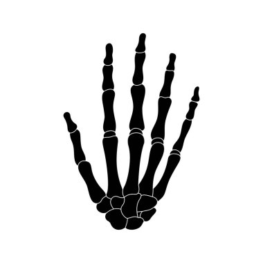 Kemikli insan eli iskeleti. Siyah siluet beyaz arka planda izole edilmiş. Vektör illüstrasyonu